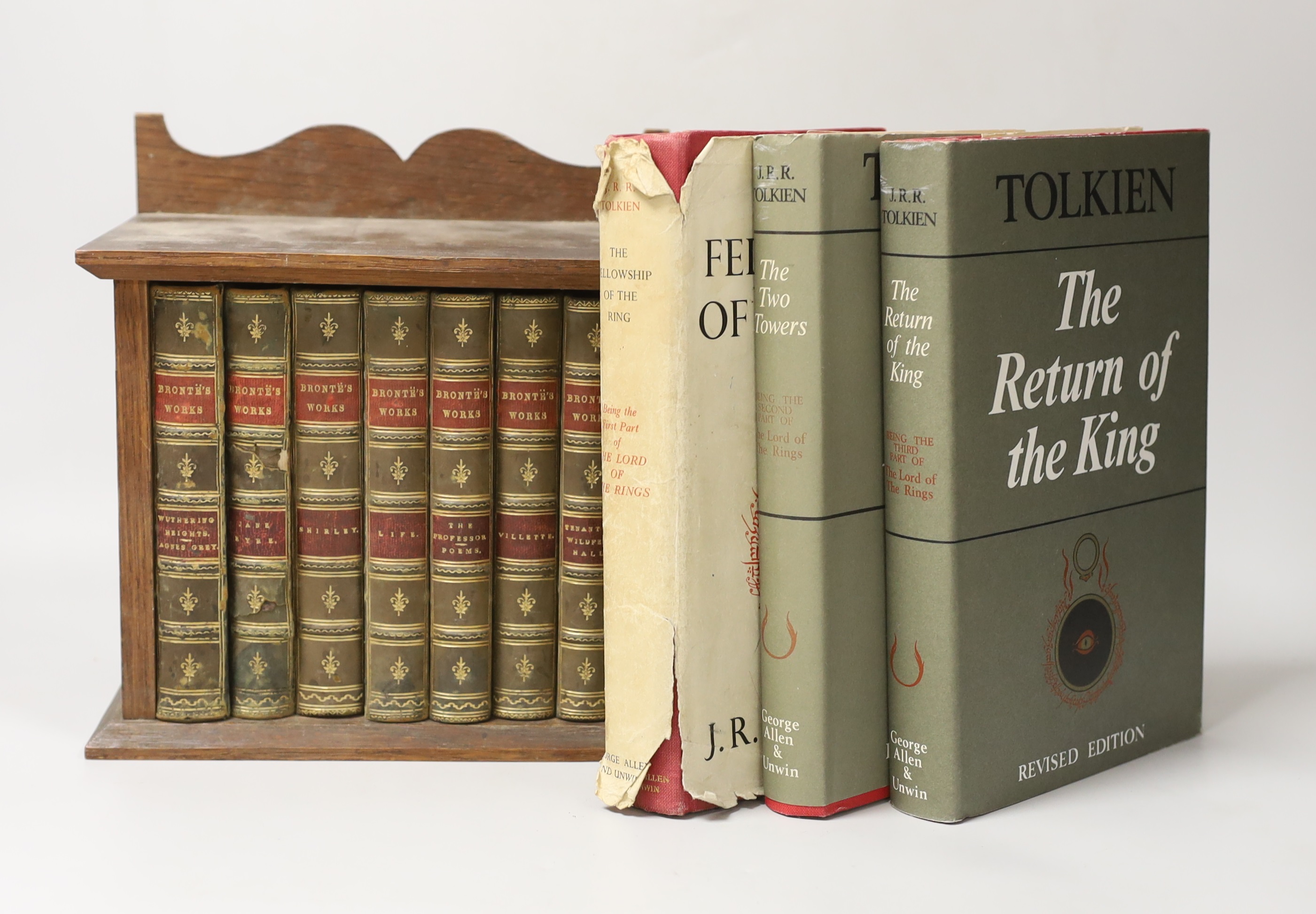 Brontes works in mahogany wall shelf together with J.R.R. Tolkien LOTR trilogy